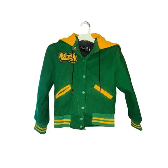 Vintage Green & Yellow Wool Varsity Jacket Women's XS/S by Nelsons USA